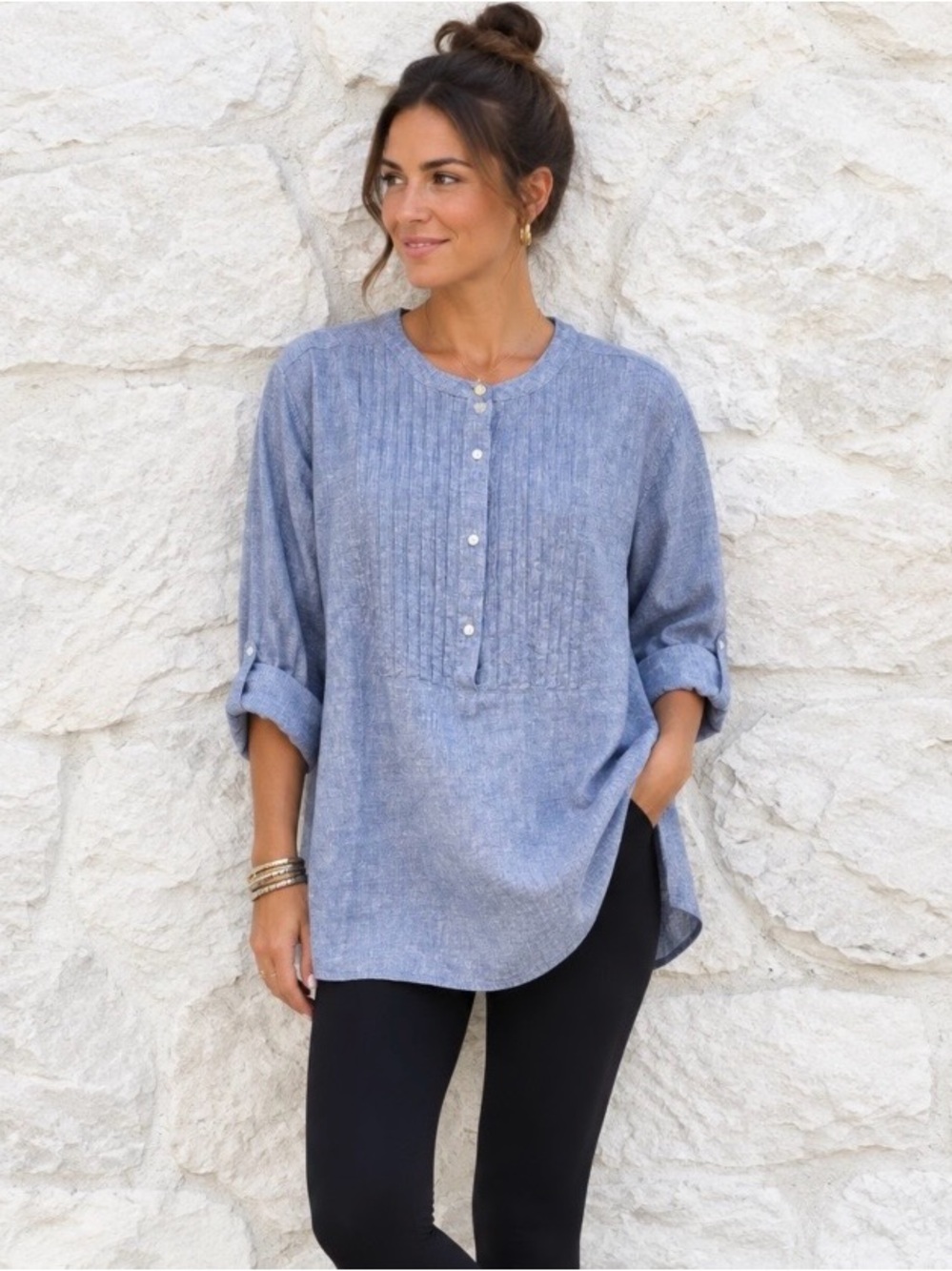 Lane Bryant Linen Blend Pintuck Blue Tunic Top Coastal Lagenlook Size 18/20.